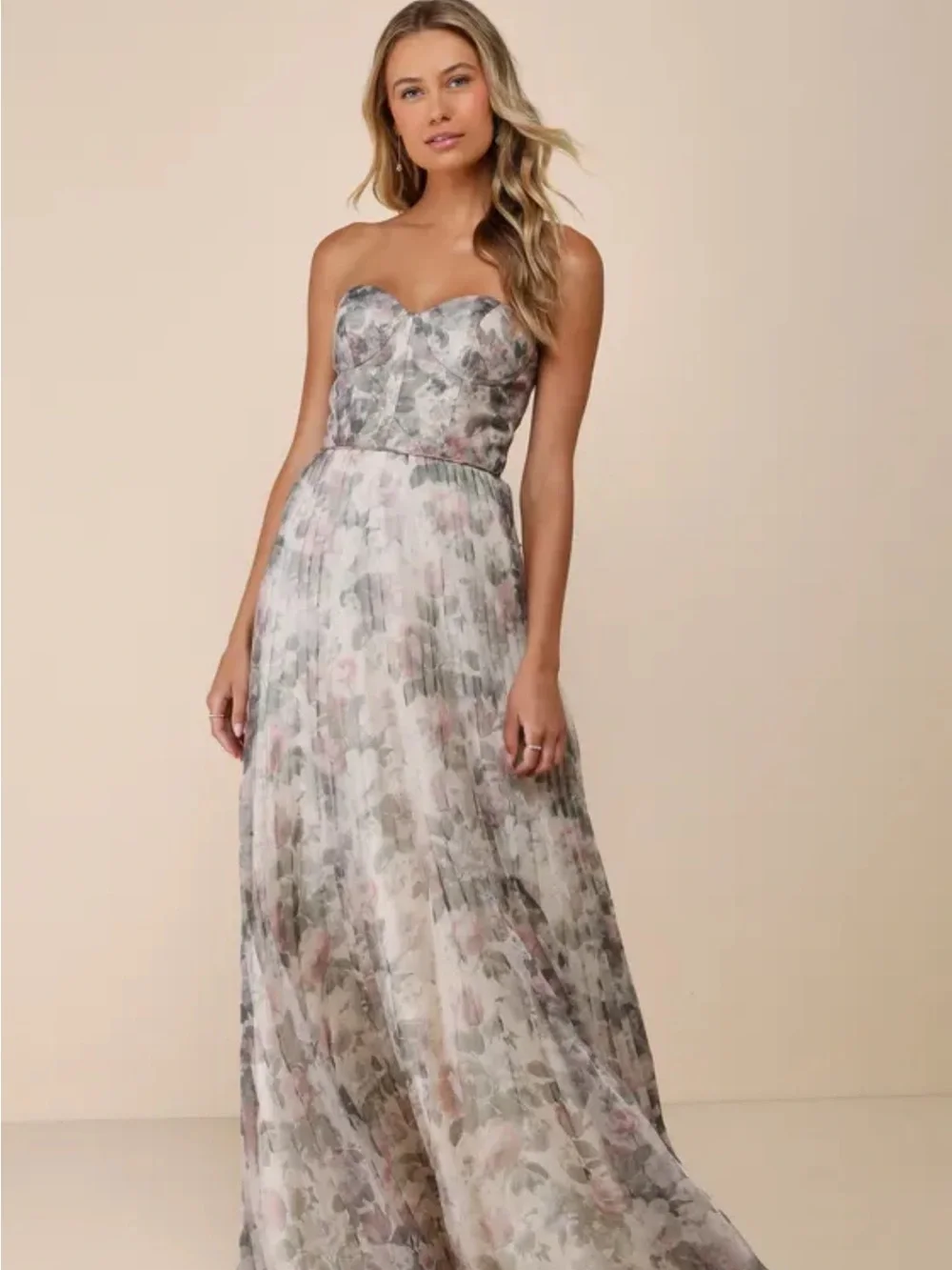 Lulu's Strapless Floral Pleated Maxi Dress in Pink and Green - Picture 5 of 8